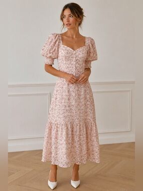 Romantic Floral Silk/Cotton Puff-Sleeve Midi Dress in Blush Pink